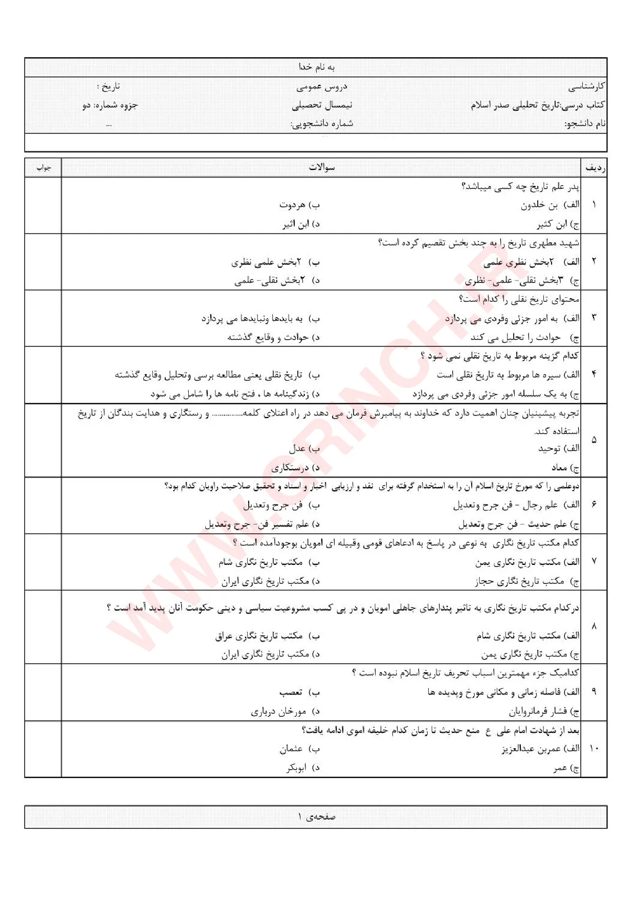 دانلود جزوه و نمونه سوالات تاریخ تحلیلی اسلام محمد نصیری (ویرایش 1405)