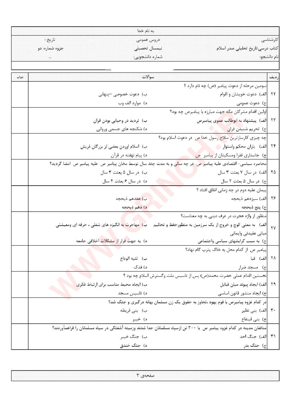 دانلود جزوه و نمونه سوالات تاریخ تحلیلی اسلام محمد نصیری (ویرایش 1405)