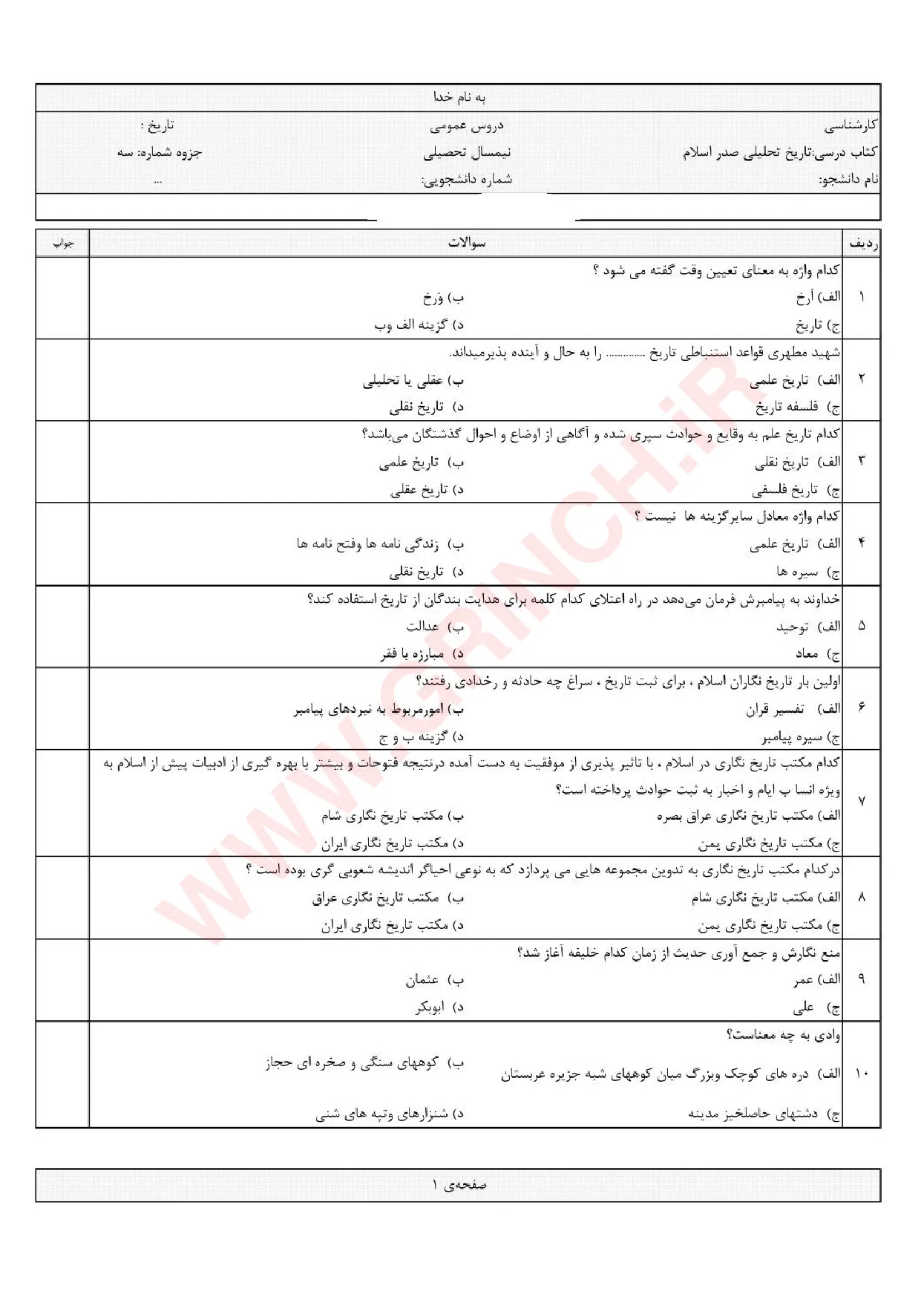 دانلود جزوه و نمونه سوالات تاریخ تحلیلی اسلام محمد نصیری (ویرایش 1405)
