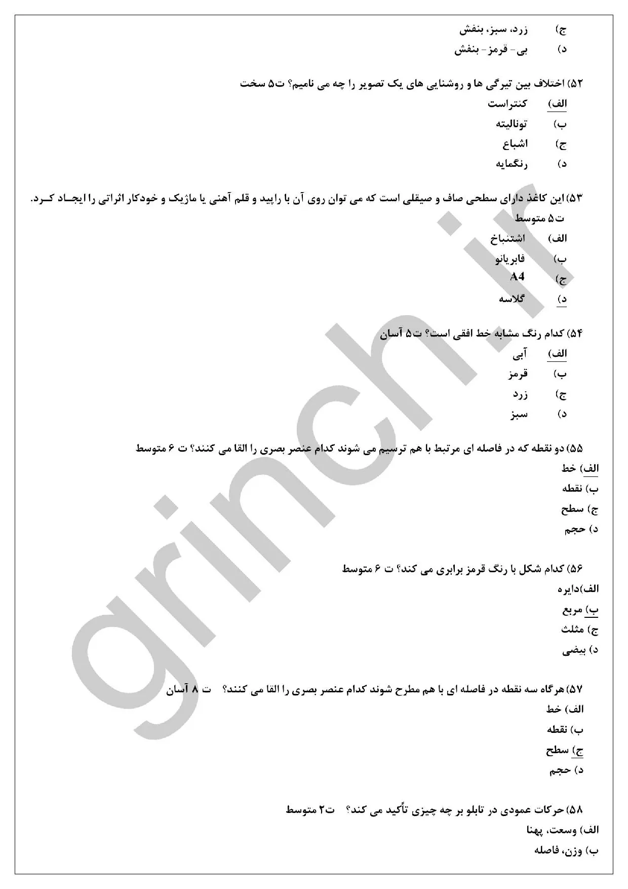 دانلود نمونه سوالات طراحی اولیه فنی حرفه ای با جواب pdf (ویرایش 1405)